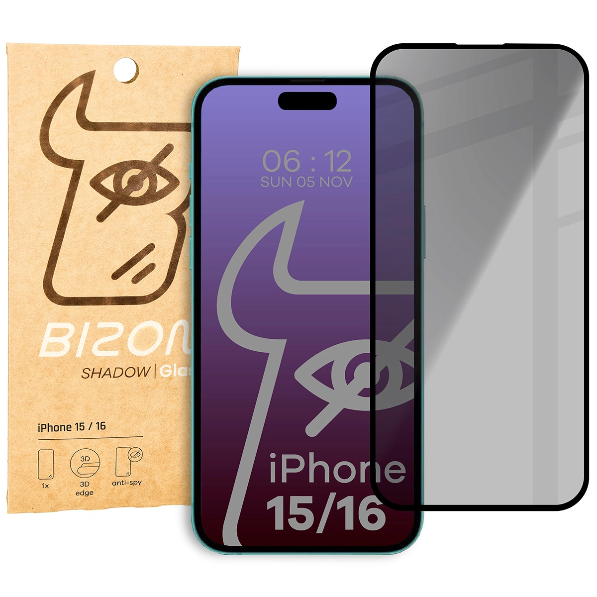 Szkło hartowane Bizon prywatyzujące pełne Edge Shadow do iPhone 16/15 Przyciemniane