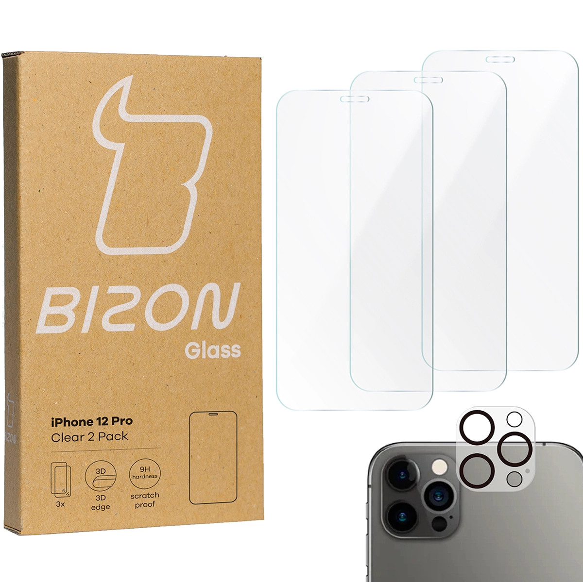 Zestaw ochronny Bizon 3x szkło + szybka na aparat Clear 2 Pack do iPhone 12 Pro