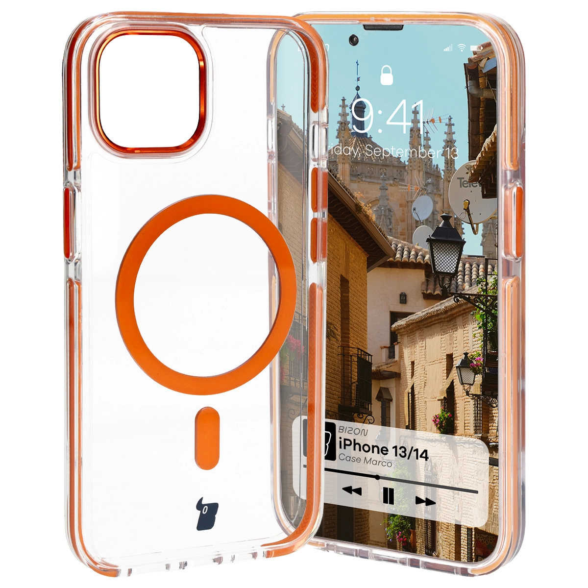 Etui Bizon Marco z MagSafe do iPhone 14/13 Przezroczyste z pomarańczową ramką