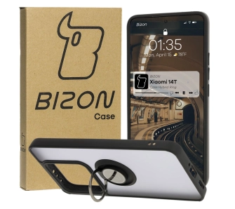 Etui Bizon z uchwytem na palec Hybrid Ring do Xiaomi 14T Przydymione z czarną ramką