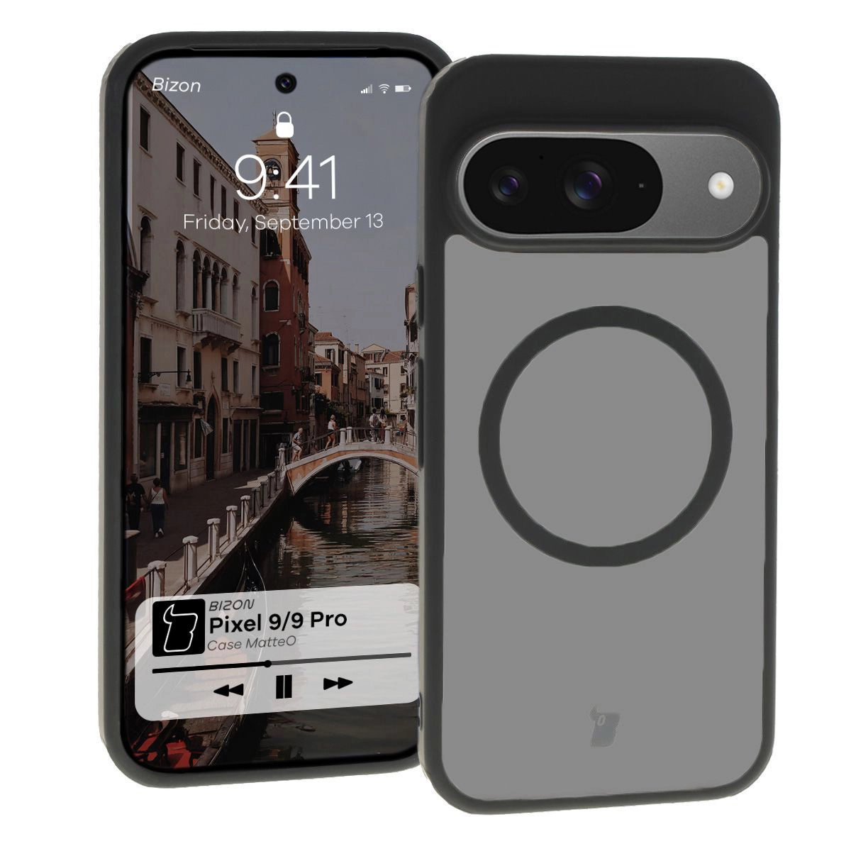 Etui Bizon MatteO z MagSafe do Google Pixel 9/9 Pro Półprzezroczyste z czarną ramką