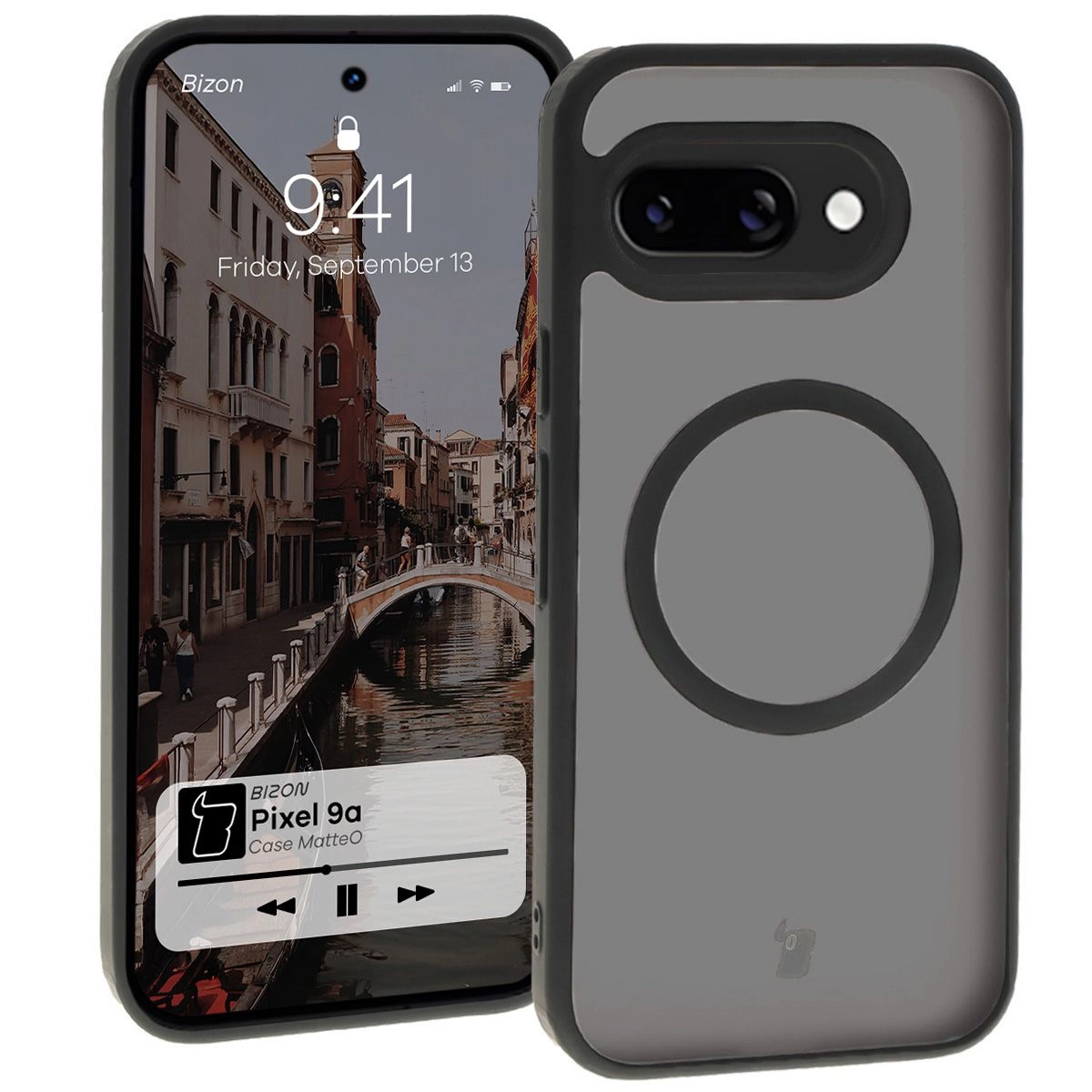 Etui Bizon MatteO z MagSafe do Google Pixel 9a Półprzezroczyste z czarną ramką