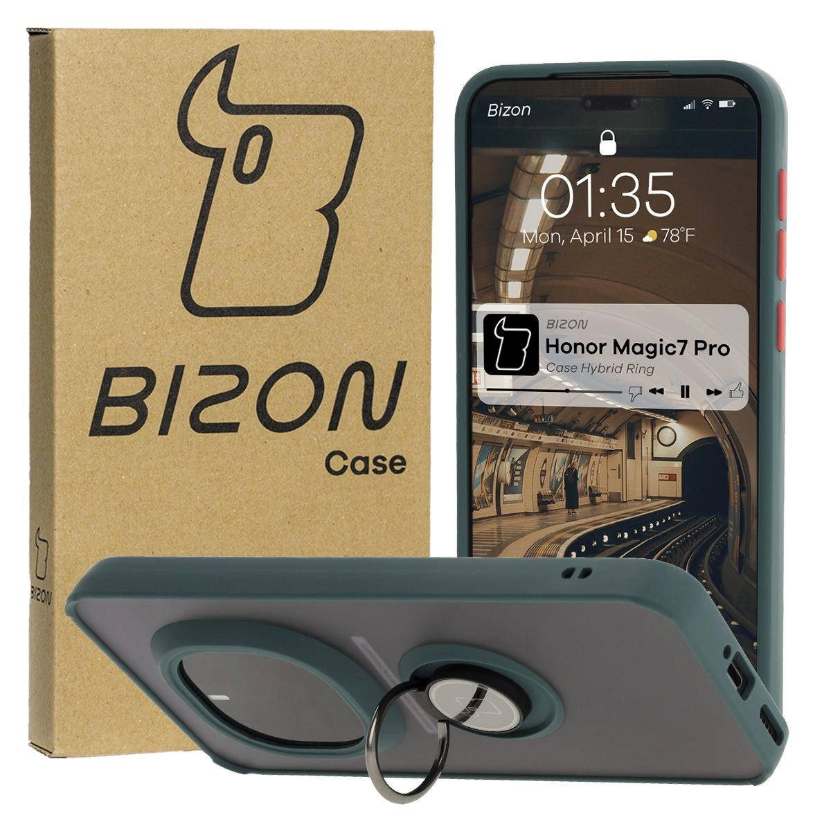 Etui Bizon z uchwytem na palec Hybrid Ring do Honor Magic7 Pro Przydymione z ciemnozieloną ramką