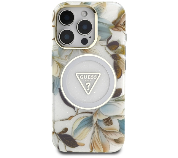 Guess Glitter Flowers Triangle Buttons MagSafe do iPhone 16 Pro Biały