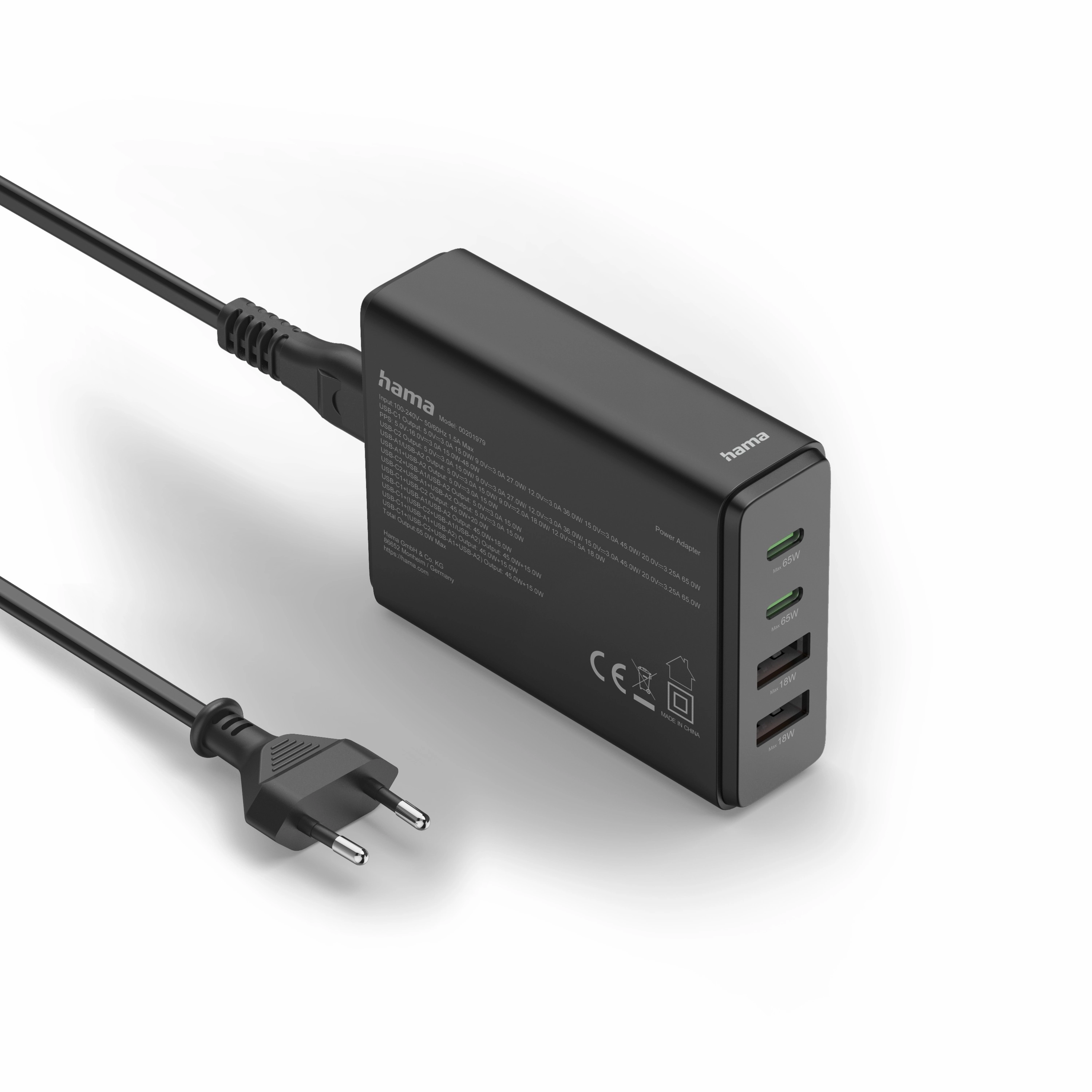 Ładowarka sieciowa Hama GaN 65W 2x USB-C 2x USB-A Czarny