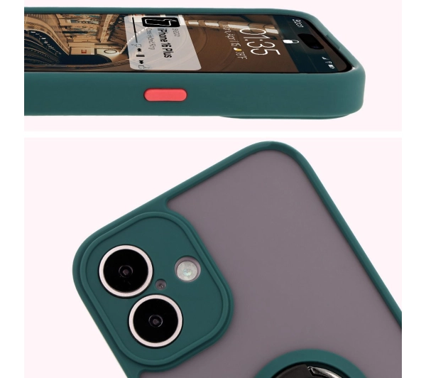 Bizon z uchwytem na palec Hybrid Ring do iPhone 16 Plus przydymione z Ciemnozieloną ramką