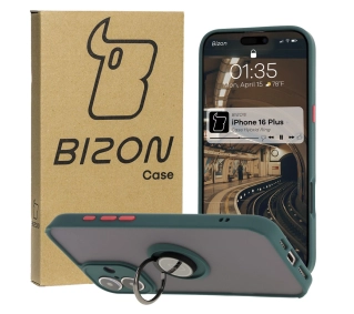 Bizon z uchwytem na palec Hybrid Ring do iPhone 16 Plus przydymione z Ciemnozieloną ramką