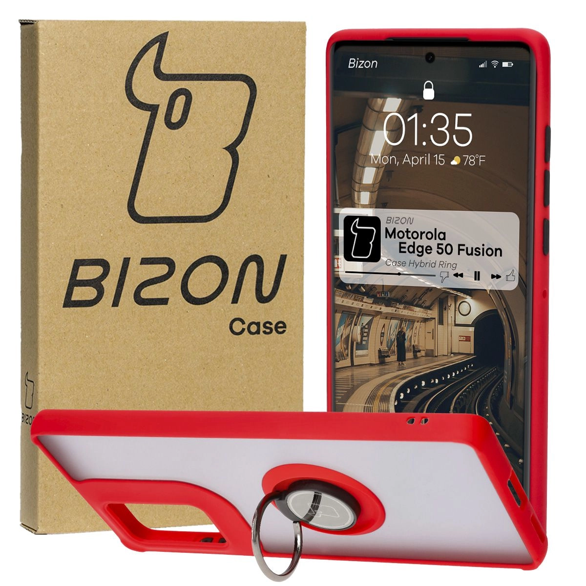 Etui Bizon z uchwytem na palec Hybrid Ring do Motorola Edge 50 Fusion przydymione z Czerwoną ramką