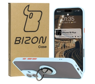Bizon z uchwytem na palec Hybrid Ring do iPhone 16 Plus przydymione z Jasnoniebieską ramką
