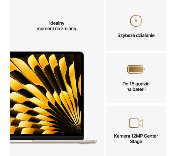 Apple MacBook Air 2025 13,6" M4 16GB RAM 256GB Dysk macOS Księżycowa poświata 70W Funkcje AI - Kup na Raty - RRSO 0%