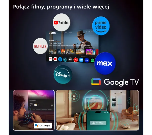 Philips OLED+ 55OLED910/12 55" OLED 4K 144Hz Google TV Funkcje AI Ambilight Dolby Vision Dolby Atmos Dźwięk B&W HDMI 2.1 - Kup na Raty - RRSO 0%