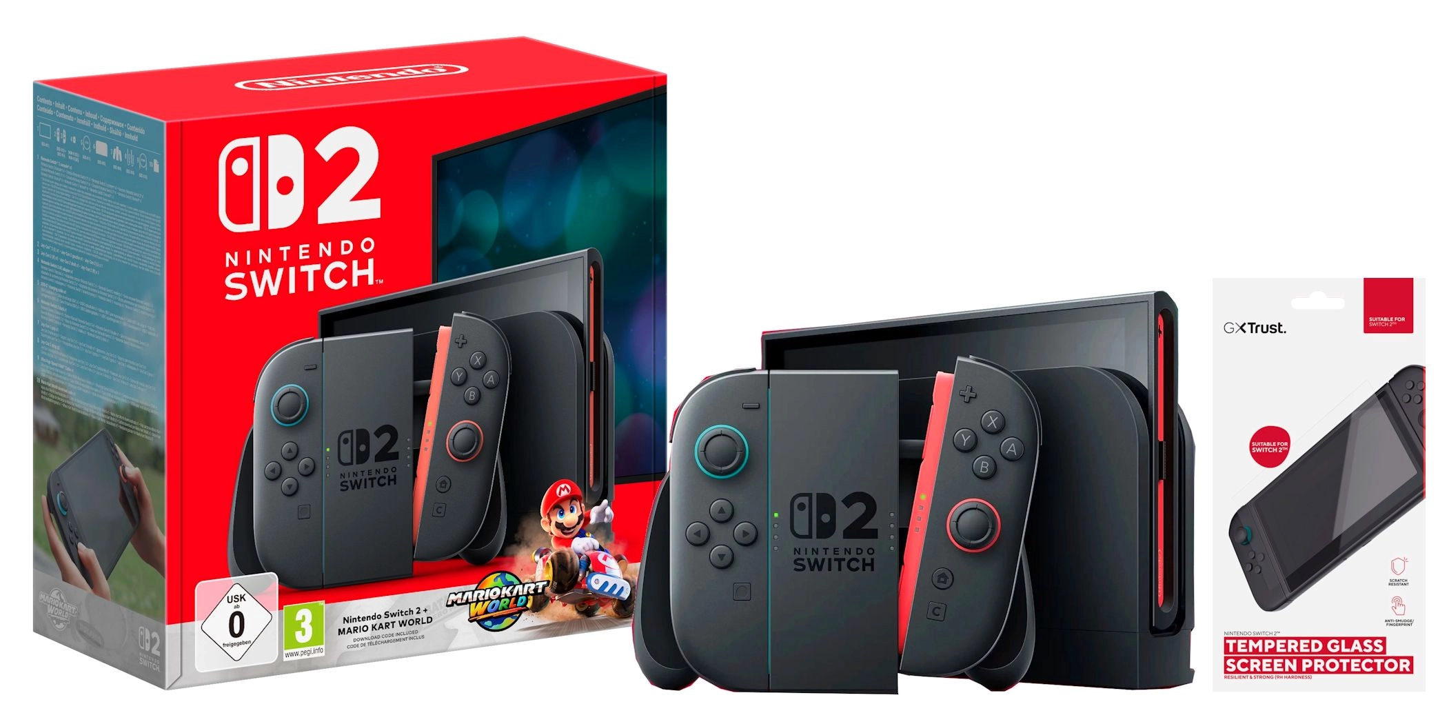Konsola Nintendo Nintendo Switch 2 Joy-Con Czarny + Mario Kart World + Szkło hartowane Trust GXT 1254