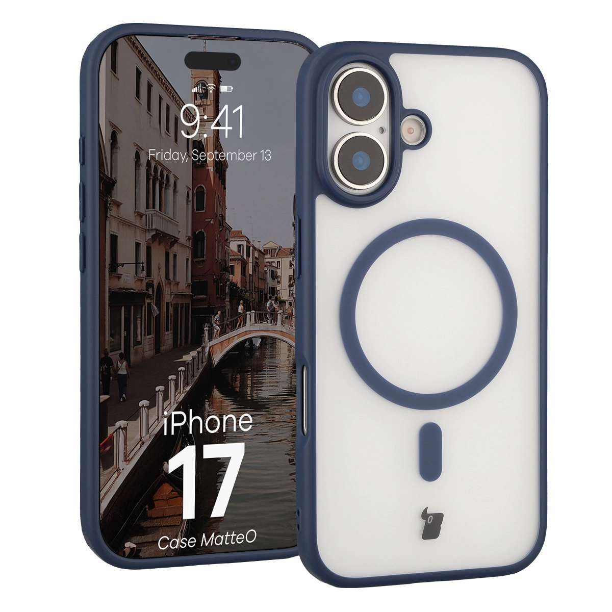 Etui Bizon MatteO z MagSafe do MatteO iPhone 17 Półprzezroczyste z niebieską ramką