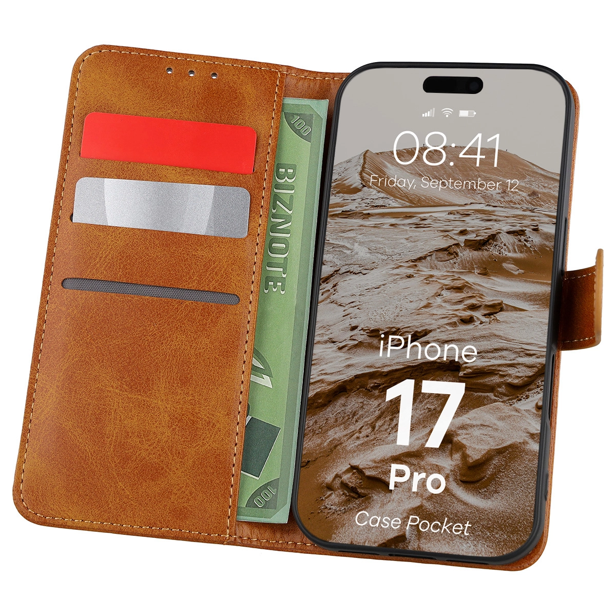 Etui Bizon z klapką Pocket do Apple iPhone 17 Pro Brązowy