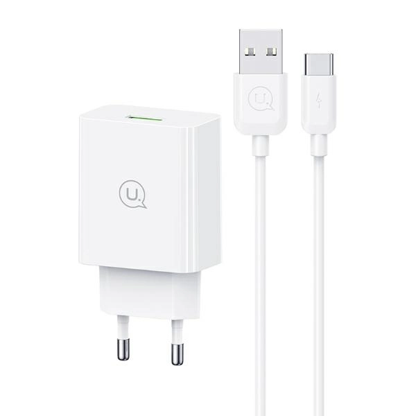 Ładowarka sieciowa USAMS SCXLTZ02 18W + kabel USB-C/USB-A 1m Fast Charging Biały