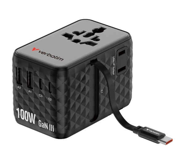 Verbatim Adapter podróżny EU/UK/US GaN 2xUSB-C/2xUSB-A/1xUSB-C PD 100W czarny 30191