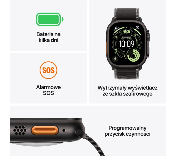 Apple Watch Ultra 3 GPS + Cellular koperta z tytanu Czarna 49mm Opaska Trail Czarna Rozmiar M/L - ⚡ BESTSELLERY ⚡ - Kup na Raty - RRSO 0%