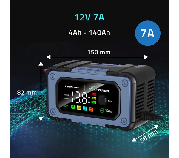 Qoltec 52486 Inteligentna mikroprocesorowa 12V / 7A  Prostownik do akumulatora AGM LiFePO4 GEL z funkcją naprawy