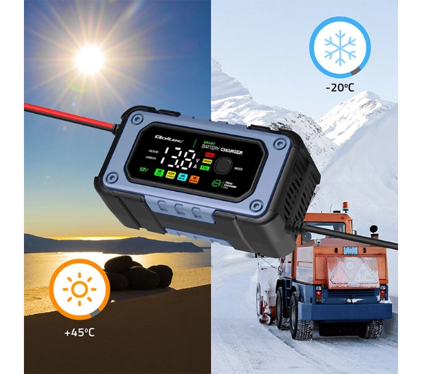 Qoltec 52486 Inteligentna mikroprocesorowa 12V / 7A  Prostownik do akumulatora AGM LiFePO4 GEL z funkcją naprawy