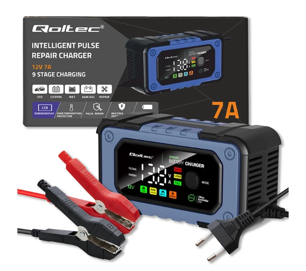 Qoltec 52486 Inteligentna mikroprocesorowa 12V / 7A  Prostownik do akumulatora AGM LiFePO4 GEL z funkcją naprawy