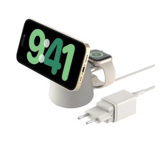 Ładowarka indukcyjna Belkin 2w1 Qi2 15W do iPhone AppleWatch AirPods Kremowy