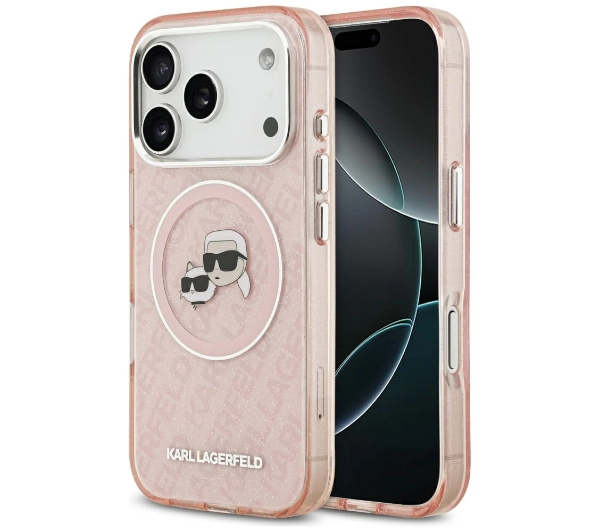 Karl Lagerfeld IML Glitter Karl & Choupette Heads Logo MagSafe do iPhone 17 Pro Max Różowy