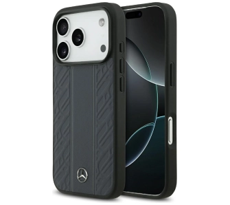 Etui Mercedes-Benz Leather Laurel Leaves Stripes MagSafe do iPhone 17 Pro niebieski