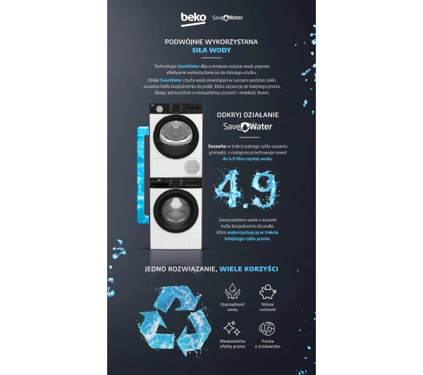 Beko pralka bPro500 B5WFT694111WBPBB SaveWater 9kg 1400obr/min + suszarka bPro500 B5T692411WBPBB SaveWater 52,1cm 9kg - Kup na Raty - RRSO 0%