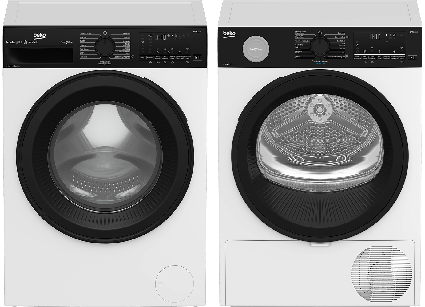 Zestaw Beko pralka bPro500 B5WFT694111WBPBB SaveWater 9kg 1400obr/min + suszarka bPro500 B5T692411WBPBB SaveWater 52,1cm 9kg