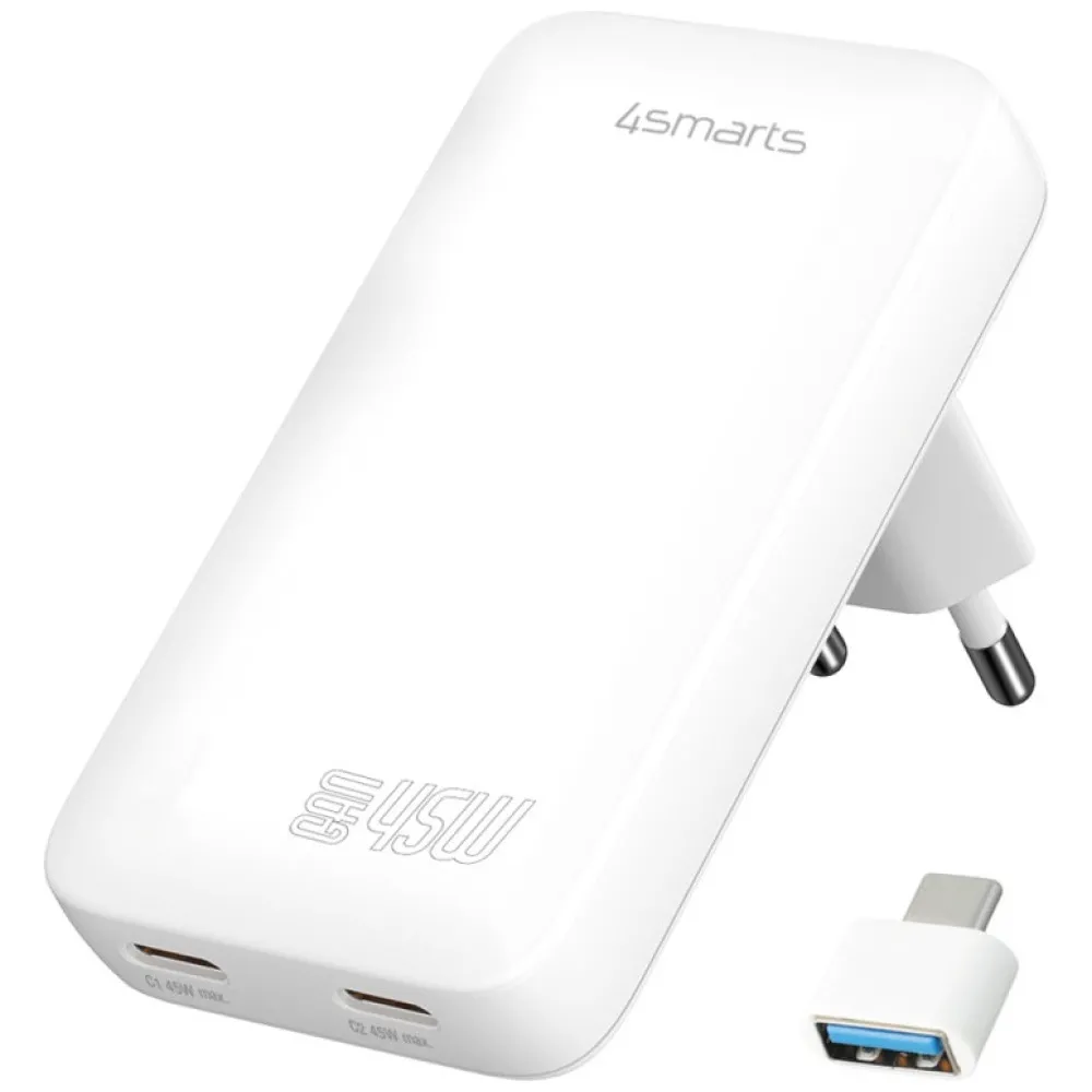 Ładowarka sieciowa 4smarts FlatPlug Slim Dual GaN 2x USB-C 45W Biały