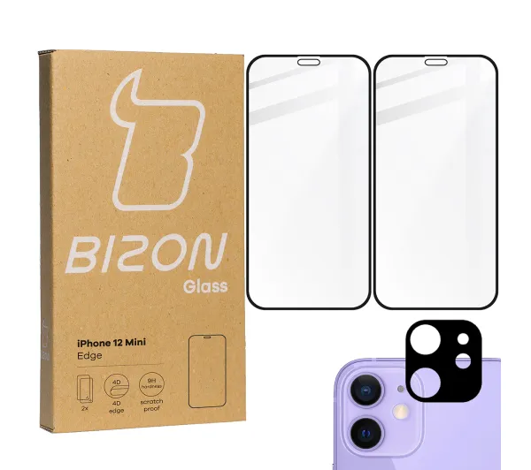 Bizon 2x Szkło + szybka na aparat Edge Pack do iPhone 12 Mini