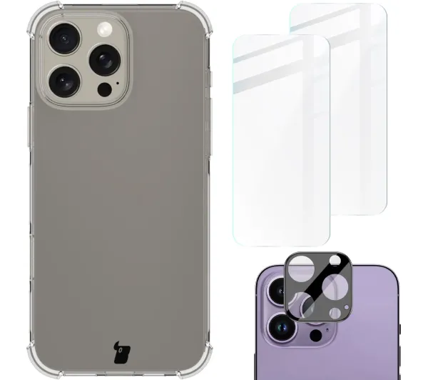 Bizon elastyczne etui + 2x folia + szkło na aparat Clear Pack do iPhone 16 Pro Max