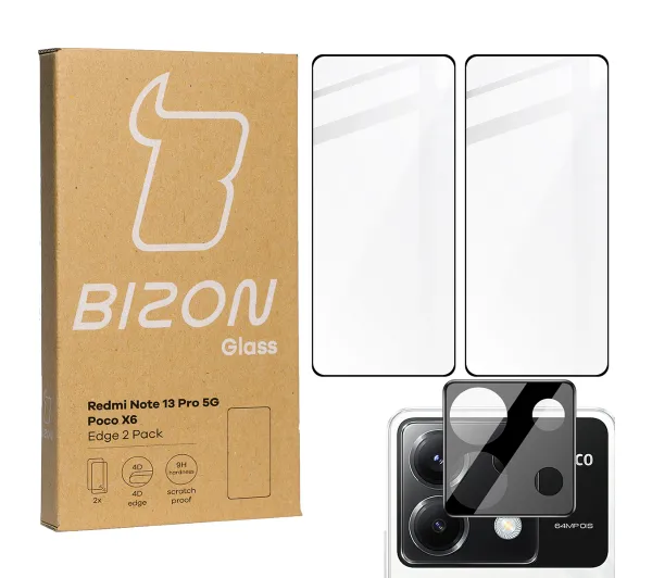 Bizon 2x Szkło + szybka na aparat Edge 2 Pack do Xiaomi Poco M6 Pro 4G / Xiaomi Redmi Note 13 Pro 4G