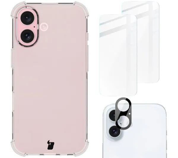 Bizon elastyczne etui + 2x szkło hartowane + szkło na aparat Clear Pack do iPhone 16
