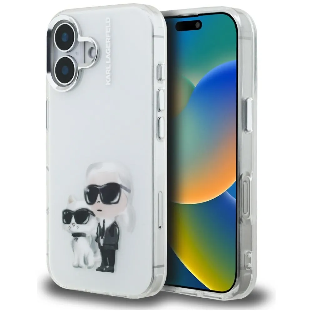 Etui Karl Lagerfeld IML Aquarelle Karl & Choupette & Logo do iPhone 16 Biały