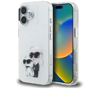 Etui Karl Lagerfeld IML Aquarelle Karl & Choupette & Logo do iPhone 16 Biały