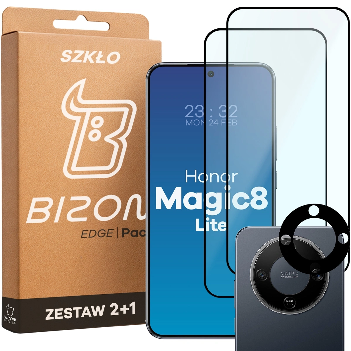 Zestaw ochronny Bizon Szkło + szybka na aparat Glass Edge Pack do Honor Magic8 Lite 2 sztuki