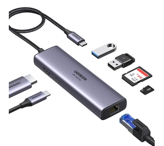 Hub USB UGREEN CM512 7w1 2x USB 3.2 Gen 1 HDMI USB Typ C RJ45 SD/TF Szary