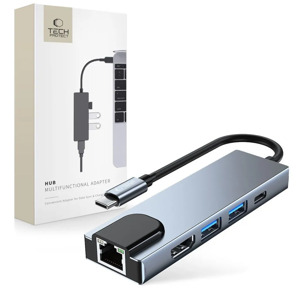 Hub USB Tech-Protect V3 5w1 USB-C USB-A HDMI RJ45 Szary