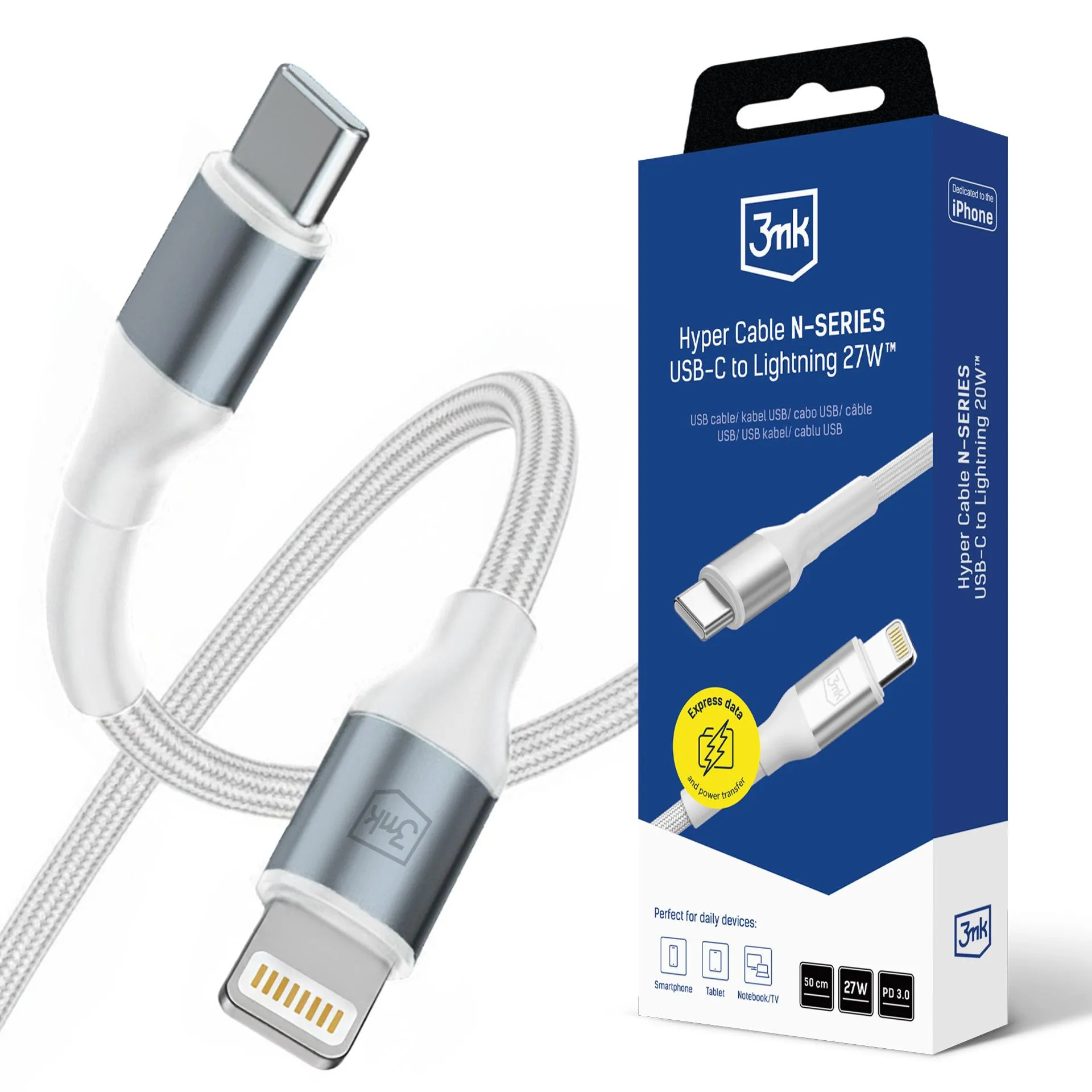 Kabel 3mk Hyper Cable N-SERIE PD 3.0 9V/3A USB-C do Lightning 0,5m 27W Biały
