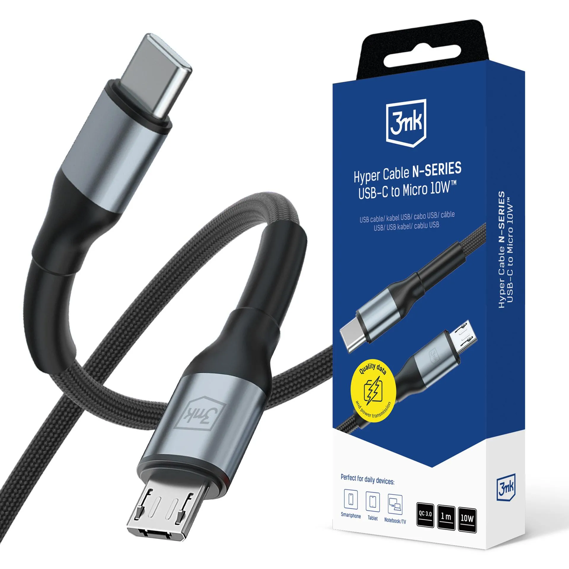 Kabel 3mk Hyper Cable N-SERIES C to Micro 1m QC 3.0 5V/2A 10W Black