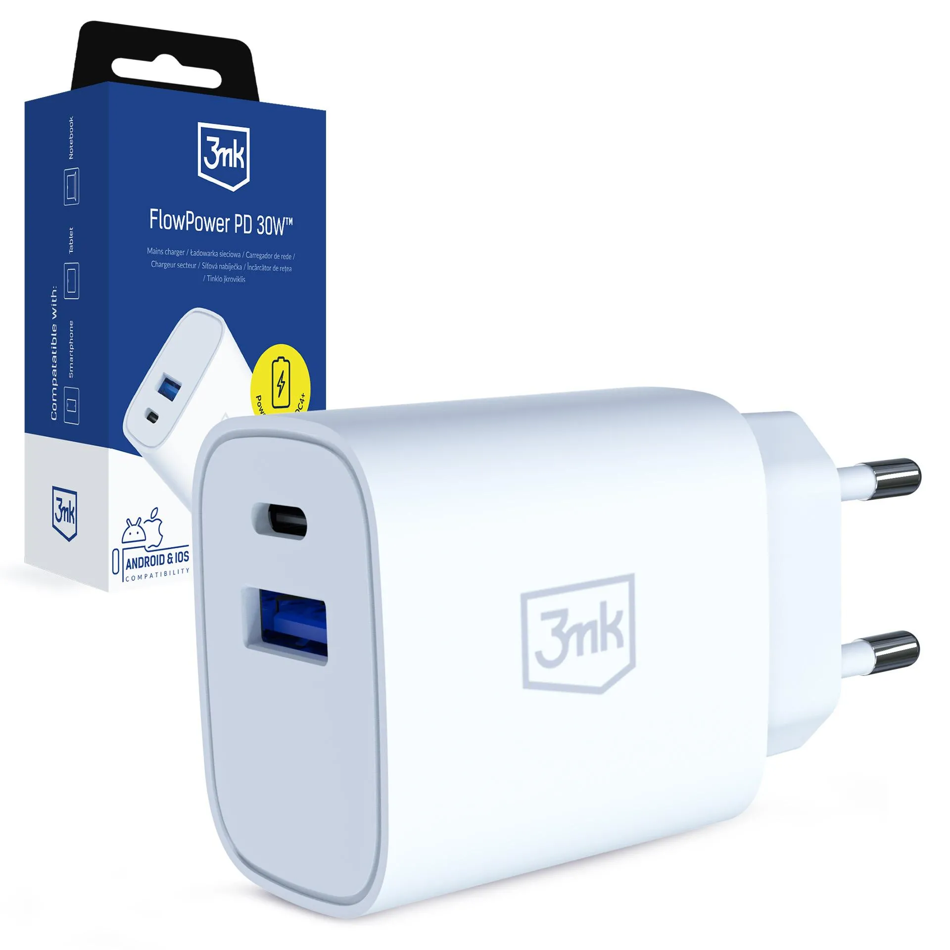 Ładowarka sieciowa 3mk FlowPower PD3.0 QC4+ USB-A USB-C 30W Biały