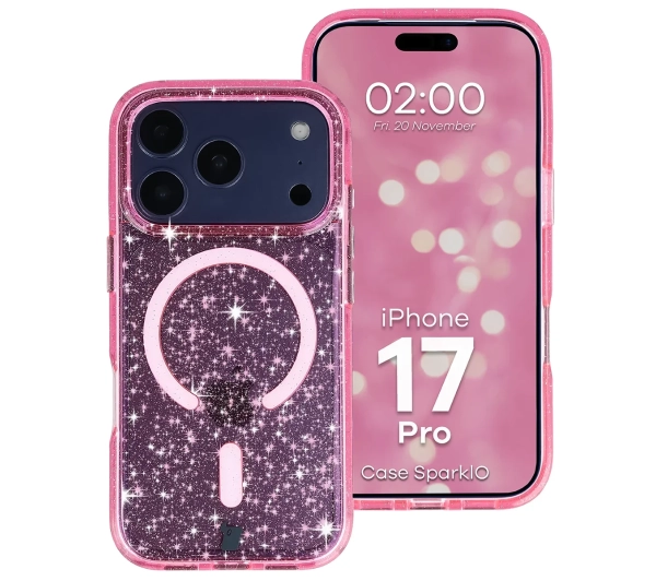 Bizon Case SparklO do iPhone 17 Pro Przezroczysto-Różowe Z Brokatem