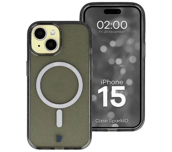 Bizon Case SparklO do iPhone 15 Przezroczysto-Czarne z Brokatem