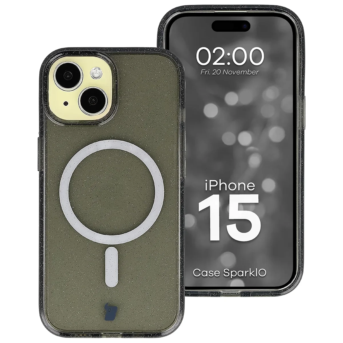 Etui Bizon Case SparklO do iPhone 15 Przezroczysto-Czarne z Brokatem