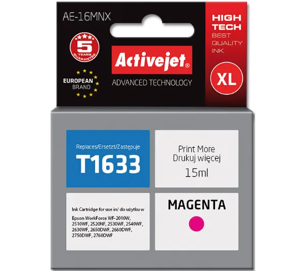 Activejet AE-16MNX Tusz do drukarki Epson, Zamiennik Epson 16XL T1633; Supreme; 15 ml; purpurowy.