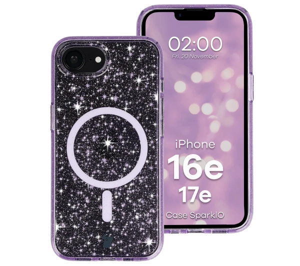 Bizon Case SparklO do iPhone 17e / 16e Przezroczysto-Fioletowe Z Brokatem