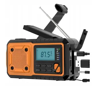 Radioodbiornik Beline AM/FM IPX3 z dynamem, latarką, powerbankiem i panelem solarnym Czarno-pomarańczowy