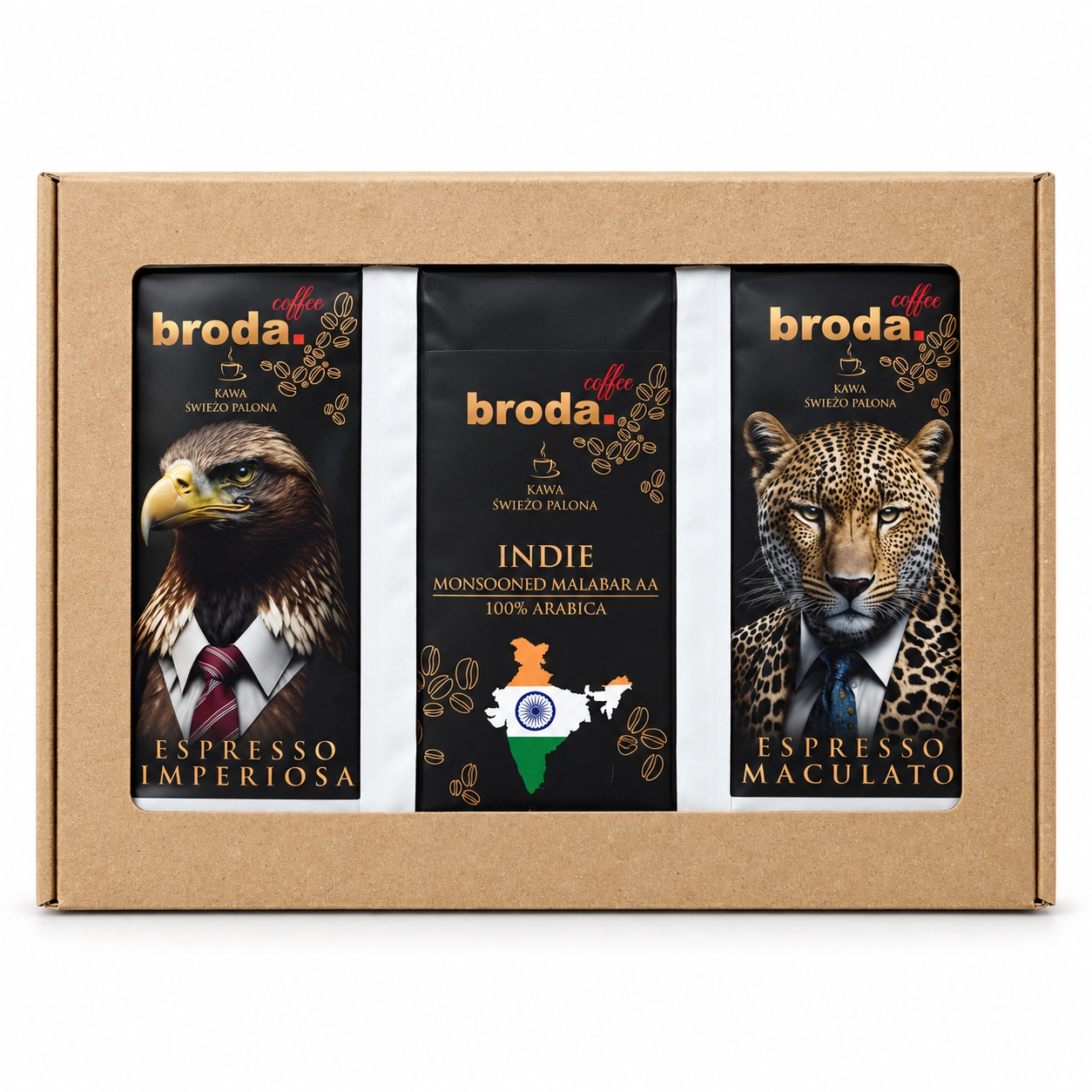 Kawa ziarnista Broda Coffee Espresso Imperiosa 500g + Espresso Maculato 500g + Indie Monsooned Malabar AA 500g