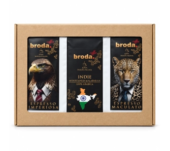 Kawa ziarnista Broda Coffee Espresso Imperiosa 500g + Espresso Maculato 500g + Indie Monsooned Malabar AA 500g